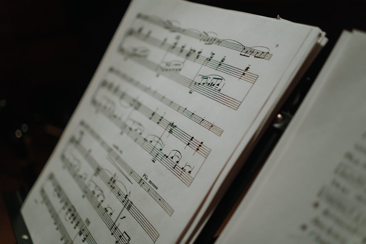 Close-up of sheet music displaying musical notes on a stand, perfect for musical compositions and practice.